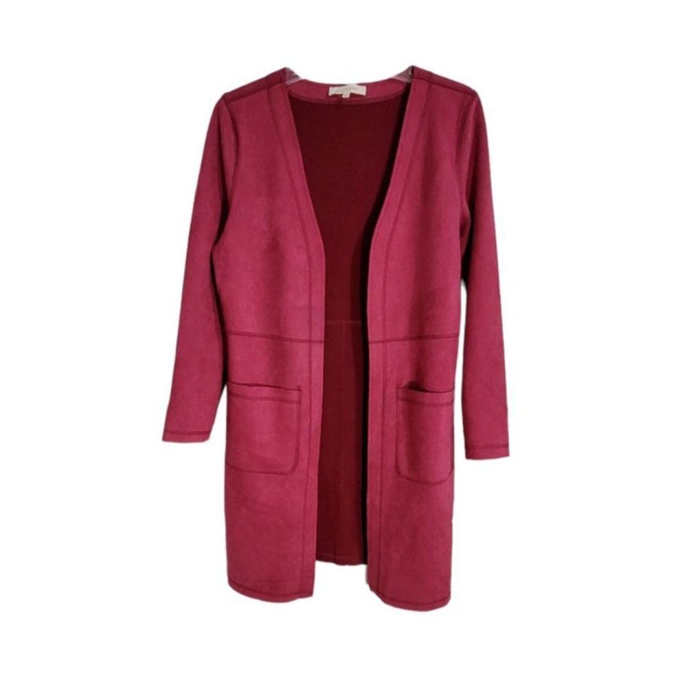 Solitaire Womens Pink Faux Suede Open Front Long Sleeve Coat with Pockets Size S